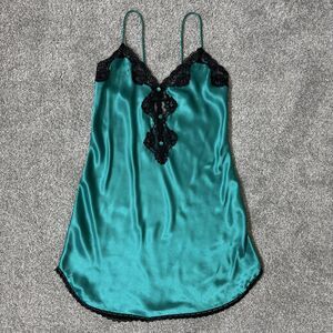 VINTAGE Inner Most Slip Womens Small Teal Lace Satin Chemise USA Sears Cami 90s
